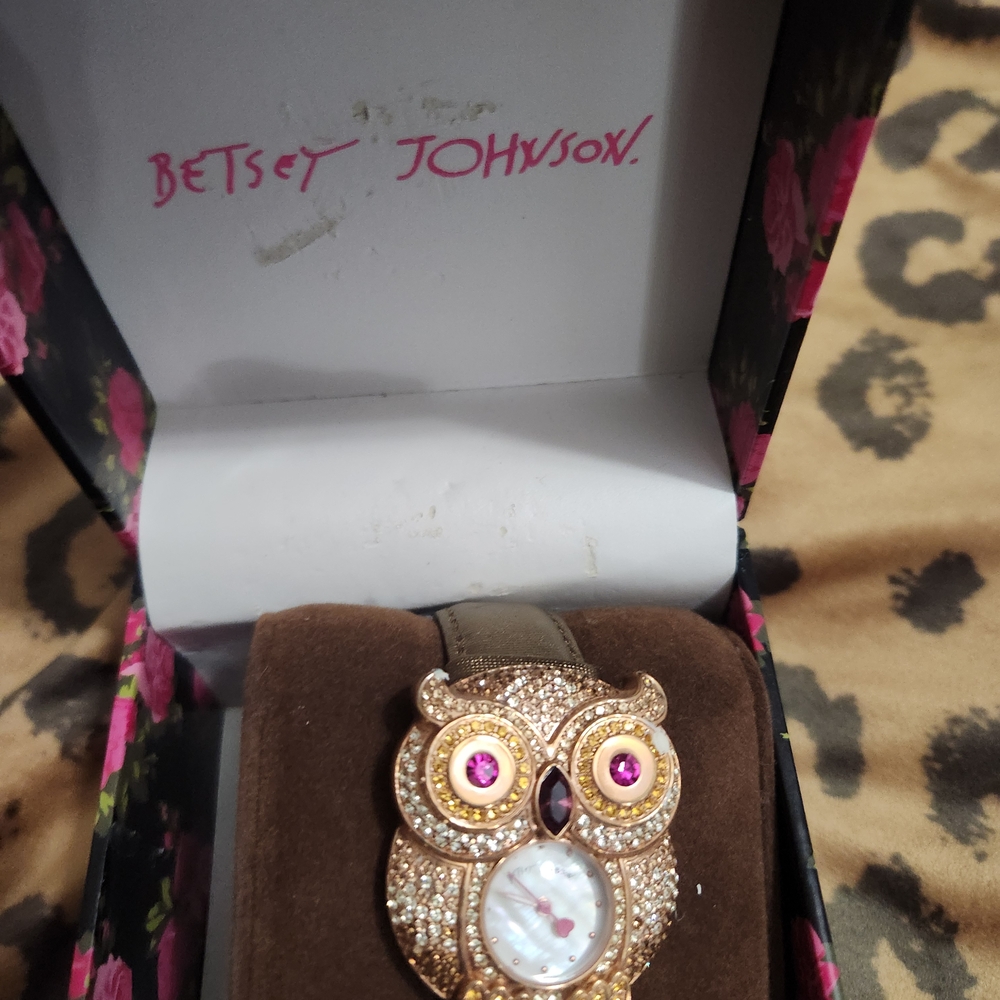 Betsey Johnson Gold Owl Watch with Pink and White Accents